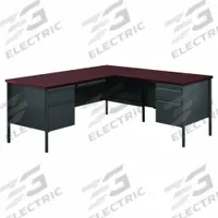 HIRSH L-Shaped Office Desk: Particle Board, Charcoal/Mahogany, 2 Pedestals, 5 Drawers, Steel Frame (MPN 20451). Key specifications — Desktop Material: Particle Board; Includes Modesty Panel: Yes; Kit Product Type: L-Shaped Office Desk; Desktop Color: Mahogany; Brand: HIRSH; Frame Color: Charcoal; Frame Material: Steel; Product Type: L-Shaped Office Desk.