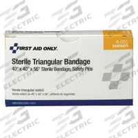 FIRST AID ONLY Triangular Bandage: 40 in Short Side Lg, 56 in Long Side Lg, 2 Pins Included (MPN 4-001). Key specifications — Manufacturer Part Number: 4-001; Brand: FIRST AID ONLY.