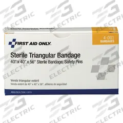 FIRST AID ONLY Triangular Bandage: 40 in Short Side Lg, 56 in Long Side Lg, 2 Pins Included (MPN 4-001). Key specifications — Manufacturer Part Number: 4-001; Brand: FIRST AID ONLY.