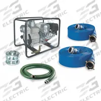DAYTON Engine Driven Pump: 9 1/2 hp, 4 in NPSM, 4 in NPSM, 410 gpm Flow Rate @ 20 Ft. of Head, Honda (MPN 7AJ16). Key specifications — Volute Material: Cast Iron/Stainless Steel; Ignition Type: Electronic; Brand: DAYTON; Kit Components: (2) 4 in x 50 ft Blue Discharge Hoses.
