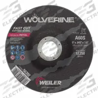 WEILER Abrasive Cutoff Wheel: Type 27, 5" x 0.045" x 7/8", Aluminum Oxide, 60 Grit, Wolverine (MPN 56392). Key specifications — Series: Wolverine; Brand: WEILER.