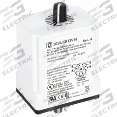 SCHNEIDER Single Function Time Delay Relay: Socket Mounted, 24V AC/DC, 10 A, 8 Pins/Terminals (MPN 9050JCK13V14). Key specifications — Contact Rating (AC): 10 A @ 120/240V; Brand: SCHNEIDER.