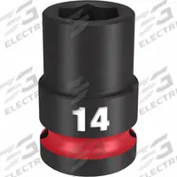 MILWAUKEE Standard Impact Socket: 1/2 in Drive Size, Metric, 14 mm Socket Size, 6-Point, Std (MPN 49-66-6246). Key specifications — attr1215501: MILWAUKEE; attr1215515: Black Phosphate; attr1215518: 14 mm.