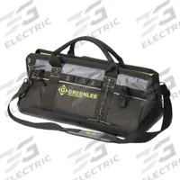 GREENLEE Tool Bag: 21 in W x 21 in D x 11 in H, Black, Polyester, 28 Pockets, 25 Inside Pockets (MPN 0158-21). Key specifications — Color: Black; Brand: GREENLEE; Material: Polyester.