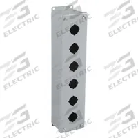 HOFFMAN Push Button Enclosure: 30mm, 6 Holes, Carbon Steel, NEMA 12 (MPN E6PBVL). Key specifications — attr211299: HOFFMAN; attr1043605: Indoor Dust & Water Droplets.
