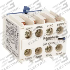SCHNEIDER Auxiliary Contact Block: 2NO/2NC, 10 A Max Current (AC), Front Mount, Front-Mounted (MPN LA1KN22). Key specifications — Frame Size: X; Brand: SCHNEIDER; Compatible with Series: TeSys.