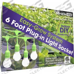 LED Ready Corded Lighting Sy,Four Socket: 4 Lightheads, Medium Screw (E26), 6 ft Lg (MPN 602200). Key specifications — Bulb Base Type: Medium Screw (E26); Brand: MIRACLE LED; Voltage: 120 to 220V AC.