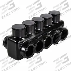 POLARIS Multitap Connector: 5 Port, Double-Sided Entry, 6 AWG – 250 kcmil Wire Size, Black (MPN IPLD250-5B). Key specifications — Body Material: Aluminum; Brand: POLARIS.