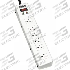 TRIPP LITE Outlet Strip: 6 Outlets, 6 ft Cord Lg, 1,350 J Rated Energy, 15 A Current, UL 1363, White (MPN TLM626). Key specifications — Brand: TRIPP LITE; Mounting Style: Keyhole.