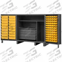 DURHAM MFG Bin Cabinet: 60 in x 36 in 78 in, 2 Shelves, 78 Bins, Yellow, 4 Drawers, Flush, Gray (MPN HDC60-72DC18TB5B95). Key specifications — attr64273: Yellow; attr64268: (12) 6 in x 11 in x 5 in; attr64260: Assembled; attr63933: DURHAM MFG; attr64274: Gray; attr64276: Powder Coated; attr146303: Steel; attr143811: Bins.