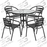 FLASH FURNITURE Round Patio Table Set: Clear, Metal Chair Back, 31 1/2 in Table Dia, Glass, 4 Chairs (MPN TLH-072RD-017CBK4-GG). Key specifications — Chair Seat Material: Metal; Includes Umbrella Hole: No; Table Frame Material: Metal; Brand: FLASH FURNITURE; Chair Back Material: Metal; Chair Finish: Powder Coated; Chair Frame Color: Black; Chair Frame Material: Metal.