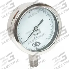 DURO Industrial Pressure Gauge: 0 psi to 600 psi, White, 4 1/2 in Dial, 1/2 in NPT Male, Bottom, 20 (MPN 4207-1133-CERT). Key specifications — Brand: DURO; Pointer Color: Black; Accuracy: ±0.5%; Dial Color: White; Gauge Wetted Parts: Stainless Steel; Case Material: Stainless Steel; Vibration Resistance Properties: None; Pressure Range: 0 psi to 600 psi.