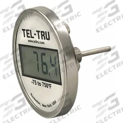 TEL-TRU Digital Thermometer: 4 in Stem Lg, -75°F to 750°F, ±0.5°F/0.3°C, 1/2 in Thread Size, NPT (MPN ND5BB09111-P22046). Key specifications — Thread Type: NPT; Brand: TEL-TRU; Accuracy: ±0.5 °F/0.3 °C.
