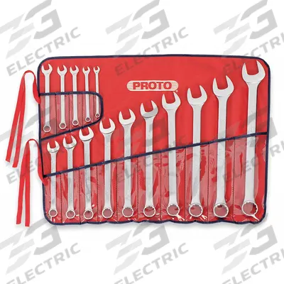 PROTO Combination Wrench Set: Alloy Steel, Satin, 15 Tools - SAE 12-Point Combination Wrench Sets