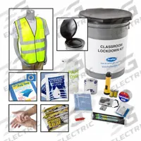 PROPAC, INC. LOCKDOWN KIT: 64 Components, Bucket, 15 People Served (MPN K2308). Key specifications — Rations Included: (24) Drinking Water Pouches; Housing Material: Plastic; Container Type: Bucket; Hygiene Supplies Included: Portable Toilet with Seat and Lid; PPE and Shelter Supplies Included: 1 Roll Paper Towels; Power and Lighting Supplies Included: LED Flashlight with D-Batteries; Tools Included: 10 yd Duct Tape; Writing and Communication Supplies Included: (2) Wrapped Lightsticks.
