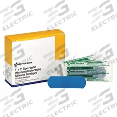 FIRST AID ONLY Adhesive Bandage: Strip Bandages, 1 in Wd, 3 in Lg, Not Metal Detectable, Plastic (MPN 90923). Key specifications — Product Type: Strip Bandages; Unitized: Unitized; Water Resistance: Water Resistant; Brand: FIRST AID ONLY; Latex Content: Latex Free; Metal Detectable: Not Metal Detectable; Package Type: Box; Manufacturer Part Number: 90923.