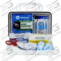 MEDI-FIRST Burn Care Kit: 2 People Served, 138 Components, Plastic Box (MPN 89610). Key specifications — Adhesive Bandages Included: (16) Bandages; Brand: MEDI-FIRST; Oral and Inhalant Medicinals Included: No Oral/Inhalant Medicinals; Wound Dressings Included: Tape; Topical Medicinals Included: (10) Antiseptic Wipes.