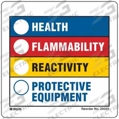 BRADY HMIG Label: 3 7/8 in Ht, 3 7/8 in Wd, Polystyrene, Adhesive, 3 7/8 in x 3 7/8 in, HMIG, 50 PK (MPN 20035VLS). Key specifications — Material: Polystyrene.