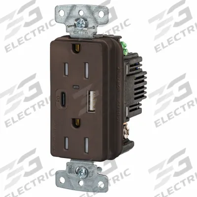 HUBBELL Receptacle: Duplex, 5-15R, 2 USB Ports, USB Type A/C, Brown, 125V AC - Weather-Resistant Receptacles with USB Chargers