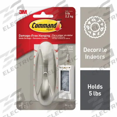 COMMAND Hook: 5 lb Wt Capacity, 1 Points per Hook, Nickel, 3 5/32 in Overall Ht - Indoor Decorative & Utility Adhesive-Backed Hooks