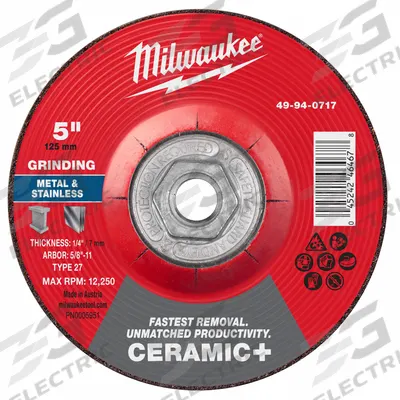 MILWAUKEE Grinding Wheel: Type 27, 5" x 1/4" x 5/8"-11, Ceramic - Cool-Cutting Grinding Wheels for Carbon & Stainless Steel