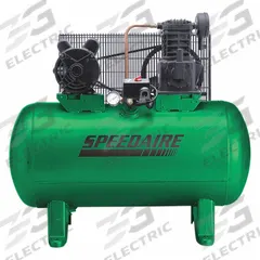 SPEEDAIRE Electric Air Compressor: 3 hp, 1 Stage, Horizontal, 30 gal, 9.1 cfm, 135 psi, Base Model (MPN 4B237). Key specifications — attr48430: SPEEDAIRE; attr48445: 60 Hz; attr48448: Manual Drain Valve; attr48450: 200-240V AC; attr48474: Three; attr48487: Horizontal.