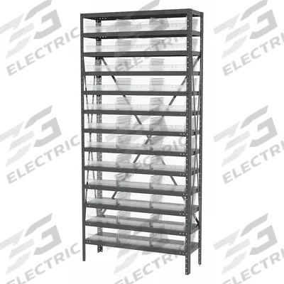 AKRO-MILS Bin Shelving: 36 in x 12 in x 79 in, 1 Sided, 36 Bins, Open, Shelf Bin - Metal Stationary Bin Shelving with Open-Front Bins