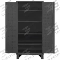 DURHAM MFG Pegboard Cabinet: 48 in x 24 in x 78 in, Swing Handle & Padlock Hasp, 12 ga Panel Thick (MPN HDCP244878-PB32-4S95). Key specifications — Cabinet Color: Gray; Method of Construction: Welded; Base Type: Legs; Assembled: Assembled; Mobility: Stationary; Adjustable Shelves: Adjustable; Cabinet Finish: Powder Coated; Cabinet Material: Steel.