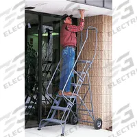 BALLYMORE Rolling Ladder: 5 ft Platform Ht, Unassembled, No Locking Mechanism, Steel, 16 in x 14 in (MPN FAWL-6-P). Key specifications — Brand: BALLYMORE; Color: Gray; Handrail Configuration: Double Handrails.