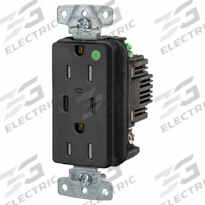HUBBELL Receptacle: Duplex, 5-15R, 2 USB Ports, USB Type A/C, Black, 125V AC - Hospital-Grade Receptacles with USB Chargers