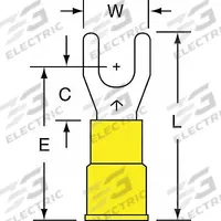 3M Fork Terminals: Yellow, Vinyl, #10 Stud Size, 12 AWG – 10 AWG Wire Range, Std Fork, 600 V (MPN MV10-10FK). Key specifications — Barrel Style: Brazed; Manufacturer Part Number: MV10-10FK; Brand: 3M; Series: MV10.