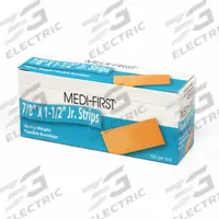 MEDI-FIRST Adhesive Bandage: Strip Bandages, 7/8 in Wd, 1 1/2 in Lg, Not Metal Detectable, Fabric (MPN 66133). Key specifications — Product Type: Strip Bandages; Unitized: Unitized; Water Resistance: Waterproof; Brand: MEDI-FIRST; Latex Content: Latex Free; Metal Detectable: Not Metal Detectable; Package Type: Box; Manufacturer Part Number: 66133.