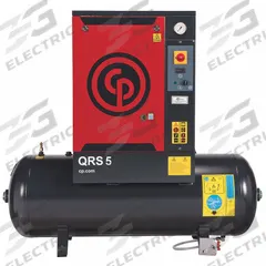 CHICAGO PNEUMATIC Rotary Screw Air Compressor: Horizontal, 5 hp, 16.6 cfm, 60 gal Tank, 230V AC (MPN QRS 5 HP). Key specifications — attr48606: Single; attr48593: 230V AC; attr48578: CHICAGO PNEUMATIC; attr110305: Not Included.