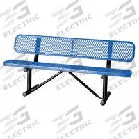 APPROVED VENDOR Outdoor Bench: 72 in Overall Lg, 32 1/2 in Overall Ht, Blue, Black, Includes Back (MPN 4HUT2). Key specifications — Manufacturer Part Number: 4HUT2; Brand: APPROVED VENDOR; Frame Color: Black; Product Type: Outdoor Bench; Seat Color: Blue.