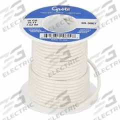 GROTE Primary Automotive Wire: GPT, 25 ft, 1 Conductor, 18 AWG, White, 60 V Volt (MPN 89-9007). Key specifications — Brand: GROTE.