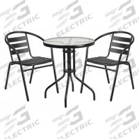 FLASH FURNITURE Round Patio Table Set: Clear, Metal Chair Back, 23 3/4 in Table Dia, Glass, 2 Chairs (MPN TLH-071RD-017CBK2-GG). Key specifications — Chair Seat Material: Metal; Includes Umbrella Hole: No; Table Frame Material: Metal; Brand: FLASH FURNITURE; Chair Back Material: Metal; Chair Finish: Powder Coated; Chair Frame Color: Black; Chair Frame Material: Metal.