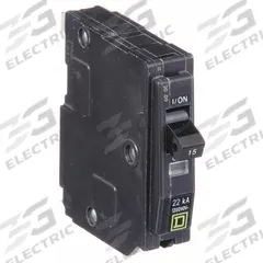 SQUARE D Miniature Circuit Breaker: 15 A, 120/240V AC, Single Phase, 22kA at 120/240V AC, 1 Poles (MPN QO115VH). Key specifications — Phase: Single; Amps: 15 A; AC Voltage Rating: 120/240V AC; Max. AIR Rating: 22kA at 120/240V AC; For Use With: QO Load Centers and NQ Panelboards; Brand: SQUARE D.