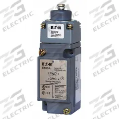 EATON Plunger Limit Switch: Plunger Actuator, Momentary/Momentary, Metallic, 8 ozf Op Force - Min (MPN E50AT26P). Key specifications — Manufacturer Part Number: E50AT26P; Brand: EATON; Electrical Connection: 8 ft Cable; Action: Momentary/Momentary; Series: E50; Body Material Type: Metallic; Actuator Type: Plunger.