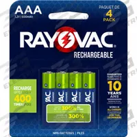 RAYOVAC Rechargeable Battery: AAA Battery Size, Nickel-Metal Hydride, 1.2V DC, 4 PK (MPN LD7244). Key specifications — Battery Chemistry: Nickel-Metal Hydride; Voltage - Batteries: 1.2V DC; Brand: RAYOVAC.