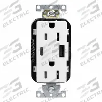 USB Receptacle: Decorator Duplex, 5-15R, USB Type A/C, White, 125V AC, 15 A (MPN M56AC-W). Key specifications — Brand: LEVITON.