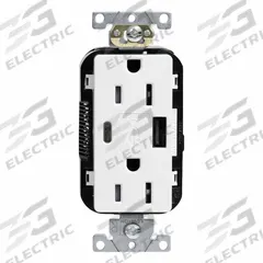 USB Receptacle: Decorator Duplex, 5-15R, USB Type A/C, White, 125V AC, 15 A (MPN M56AC-W). Key specifications — Brand: LEVITON.