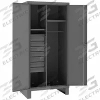 DURHAM MFG Storage Cabinet: 36 in x 24 in x 78 in, 3 Shelves, 7 Drawers, Swing Handle & Padlock Hasp (MPN HDWC243678-7M95). Key specifications — attr113683: (1) 18 in x 19-5/16 in; (2) 20-7/8 in x 15-9/16 in; attr113700: (2) Adjustable; (1) Fixed; attr113673: Legs; attr113674: Gray; attr113688: (7) 4 in x 11-3/16 in x 20-1/4 in; attr113685: Assembled.