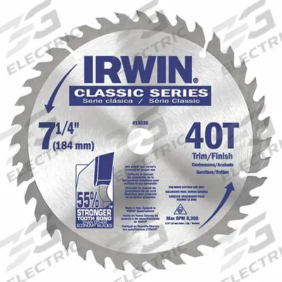 IRWIN Circular Saw Blade: 7 1/4 in Blade Dia., 40 Teeth, 0.09 in Cut Wd, 5/8 in Arbor Size - Wood-Cutting Blades