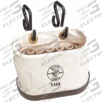 KLEIN TOOLS Bucket Bag: 14 in W x 10 in H, Off-White, Canvas, 15 Pockets, Open Top (MPN 5144). Key specifications — attr1118525: KLEIN TOOLS; attr1118517: Temperature-Resistant Hooks; attr1125037: Off-White; attr1125041: Canvas; attr1203718: Yes.