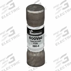 BUSSMANN Fuse: BBS Series, Midget, Fast-Acting, 6 A, 600 V AC, 13/32 in x 1 3/8 in, Non-Indicating (MPN BBS-6). Key specifications — attr1287209: BBS; attr211192: BUSSMANN.