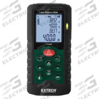 EXTECH Laser Distance Meter: Inch/Metric, 2 in – 131 ft, ± 0.08 in, AAA, Rubber, LCD, Red (MPN DT40M). Key specifications — attr938983: Inches; attr938974: Stake Out Distance; attr934751: EXTECH; attr938968: ± 0.08 in; attr938975: Strap; attr938977: Red.