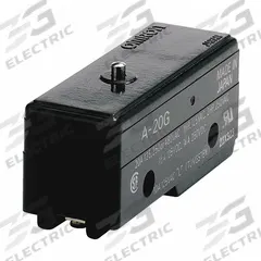 OMRON Snap Action Switch: Pin Plunger Actuator, 1NO/1NC, Solder (MPN A-20G). Key specifications — AC Contact Rating: 20 A @ 480 V; Electrical Connection: Solder; Series: A; Brand: OMRON.