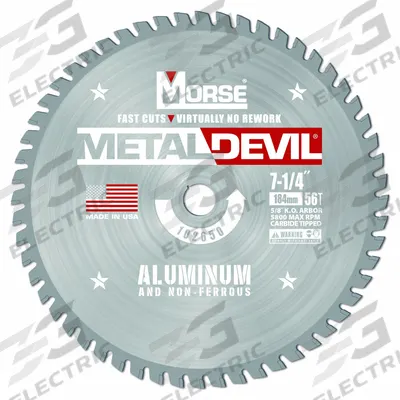 MORSE Circular Saw Blade: 7 1/4 in Blade Dia., 56 Teeth, 0.08 in Cut Wd, 5/8 in Arbor Size - Aluminum & Soft Metal-Cutting Blades