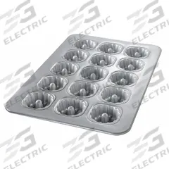 CHICAGO METALLIC Cake Pan: Aluminized Steel, Glazed, 15 Slots, Solid, 17 7/8 in Overall Wd, Silver (MPN 43055). Key specifications — Bead Closure: Closed Bead; Coating: Glazed; Pan Style: Mini Bundt Cake Pan; Perforation: Solid; Brand: CHICAGO METALLIC; Color: Silver; Material: Aluminized Steel; NSF Certified: No.