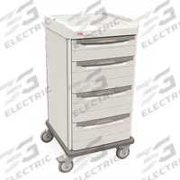 METRO Bedside & Nurse Server Cart: Polymer, (4) Swivel, Taupe, White, 4 Drawers, 1 Shelves (MPN SXRS43CM1). Key specifications — Material: Polymer; Drawer Color: White; Brand: METRO; Caster/Wheel Configuration: (4) Swivel; Cabinet Color: Taupe.